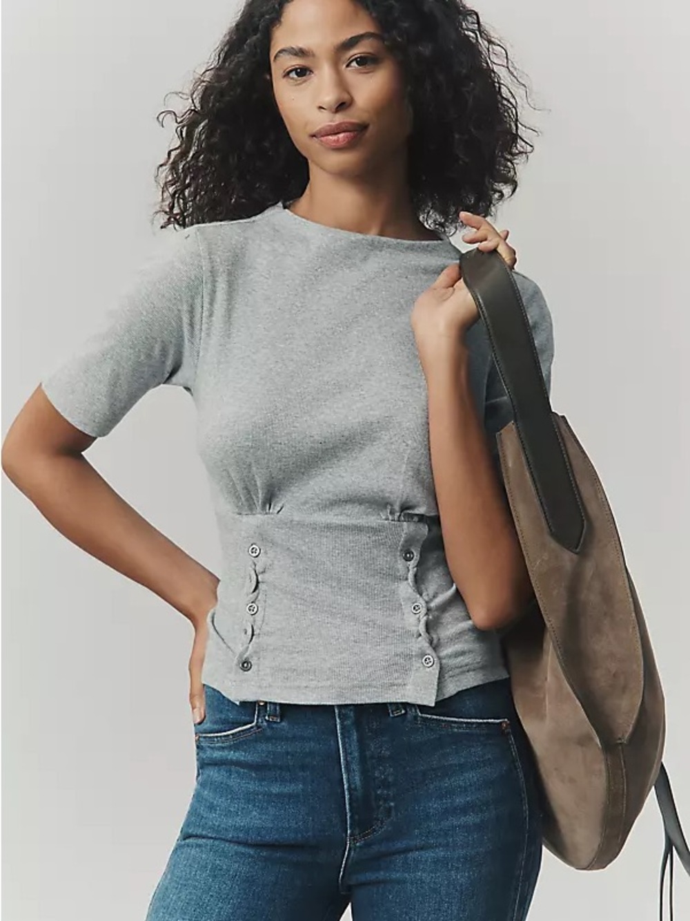 Nwot Pilcro Crewneck Short-Sleeve Knit Top in Light Gray